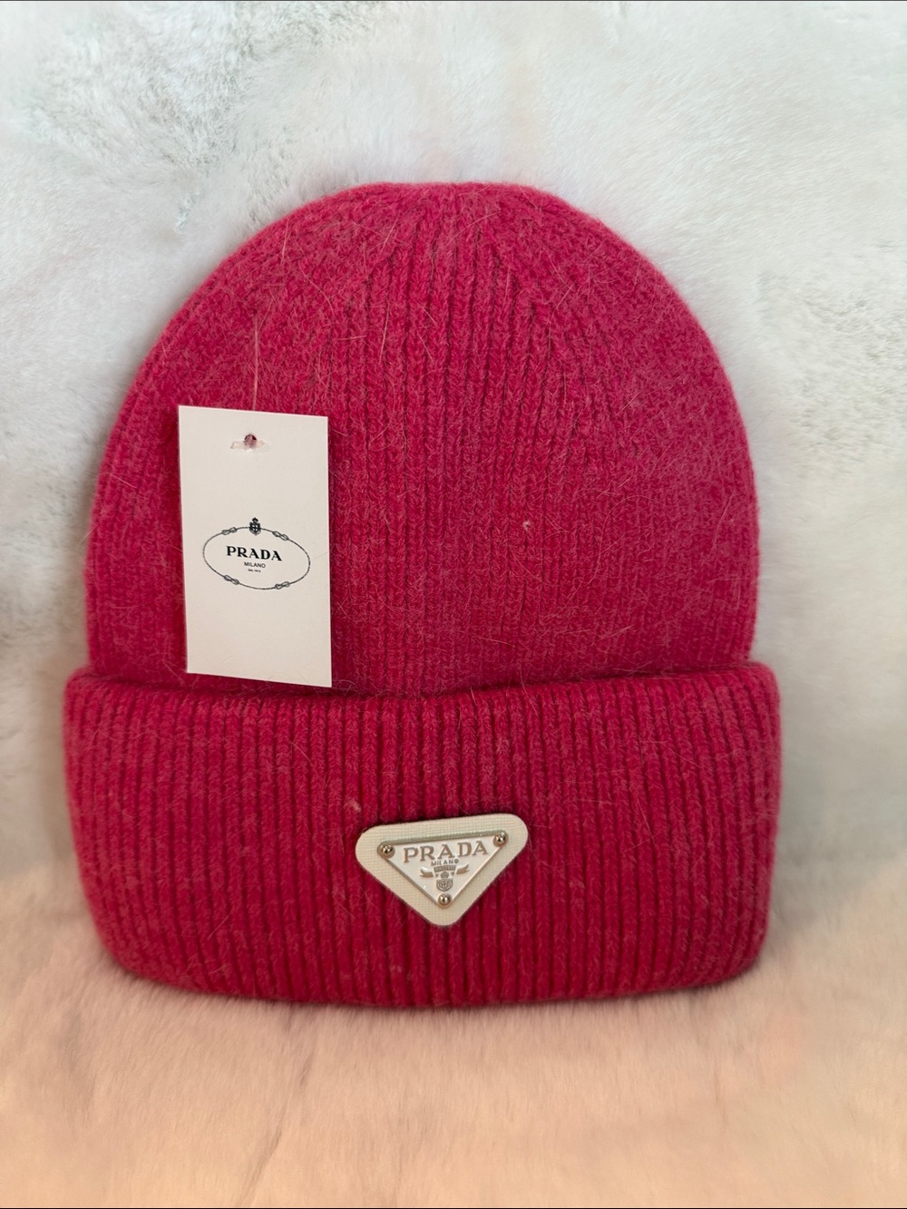 Source Unknown Pink Ribbed Wool Beanie with Triangular Logo Plaque